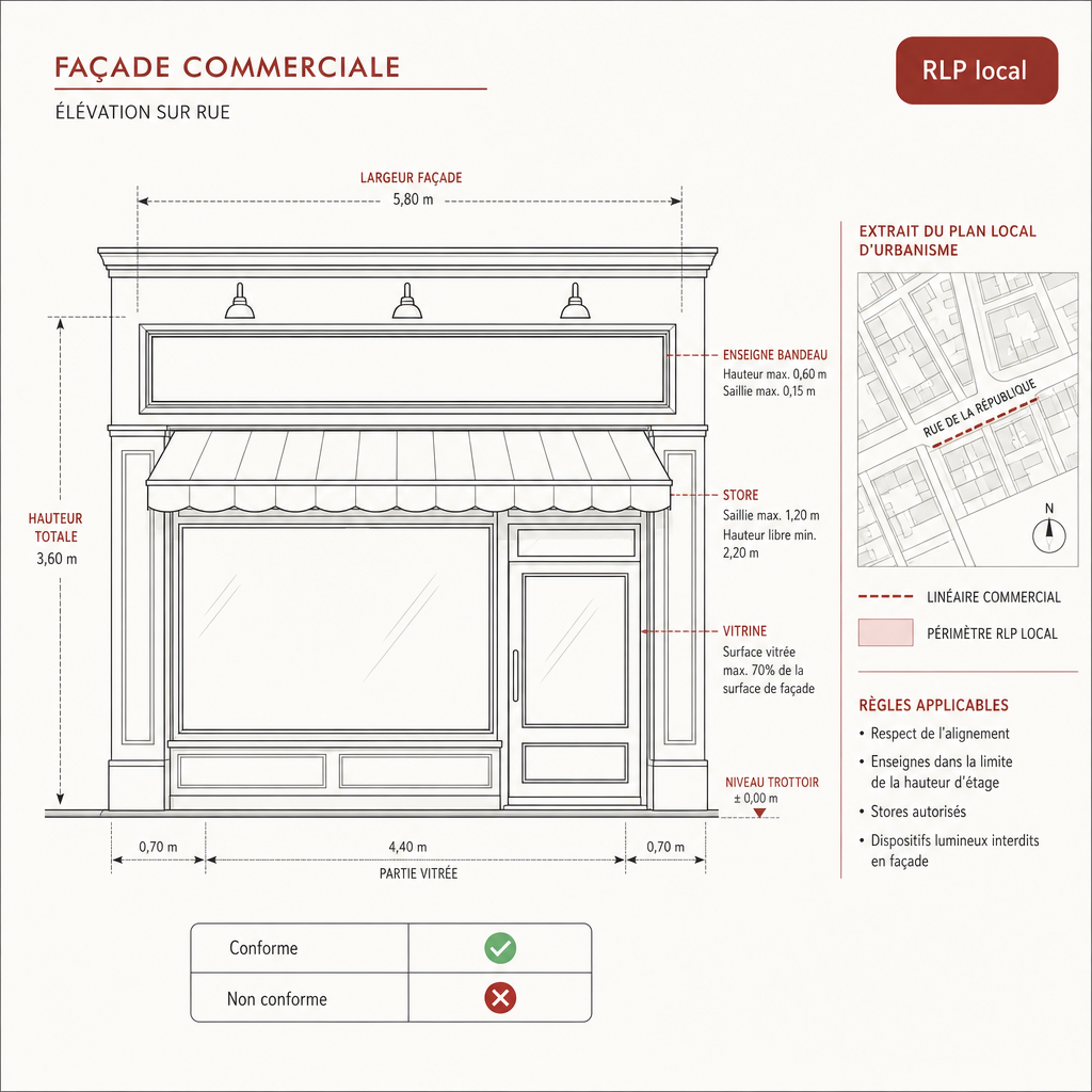 Schéma technique d'une façade commerciale avec annotations, extrait de plan et checklist conforme / non conforme